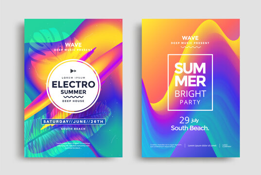 Electro Summer music poster with colorful fluid wave and palm leaf. Abstract gradients waves sound background. Vector illustration