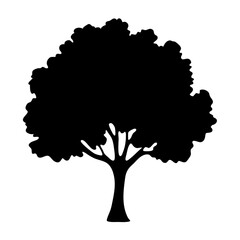 Black tree silhouette with dense foliage against a white background landscape