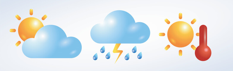 Sun icon set. Weather icons. Vector 3D design. Collection of sun stars, clouds, lightnings and rain for use in as logo or weather icon. Cartoon illustration in plastic minimal style, isolated objects