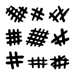 Bold Hand Drawn Hatch Scribble. A collection of 9 bold hand drawn hatch scribbles featuring crosshatch grids diagonal strokes and expressive textures ideal for abstract accents and background fills