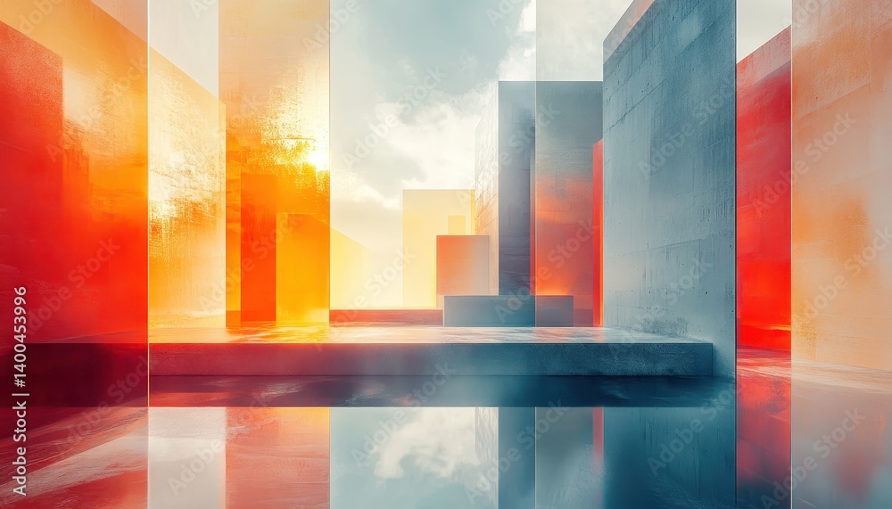 Poster Abstract geometric structures float in a surreal digital environment with vibrant colors and softened reflections in a futuristic setting at dusk