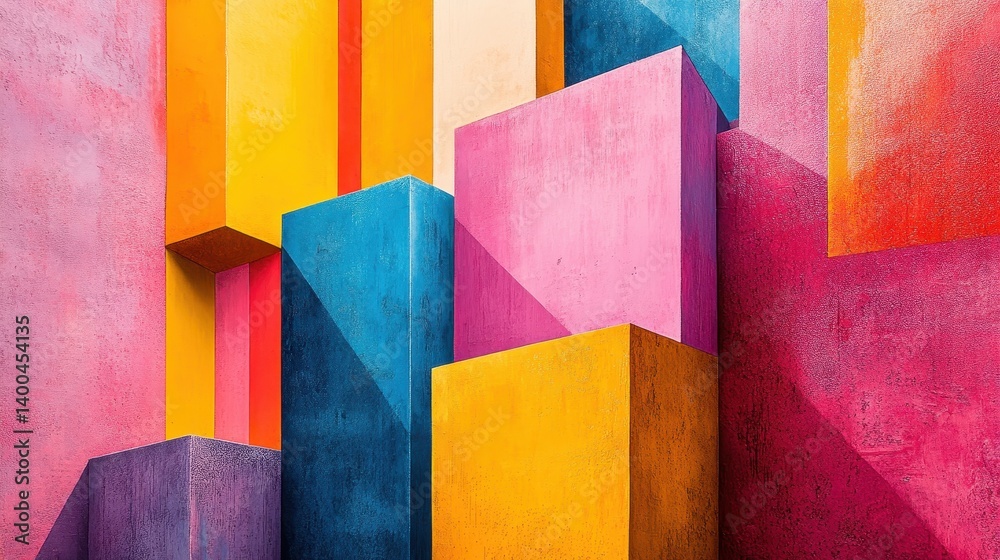 Aufkleber Vibrant geometric abstract composition featuring bold colors and dynamic shapes depicting a stylized entrance with circular elements in a cascading stairway setting during daytime