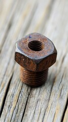 Captivating close up of a rusty nut and bolt on weathered wood showcasing industrial decay and vintage charm with a shallow depth of field