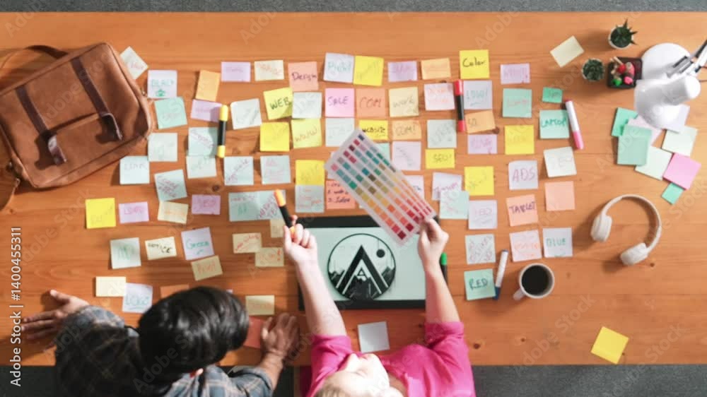 Poster top view of manager writing idea on sticky notes and explain idea about web design. professional mar