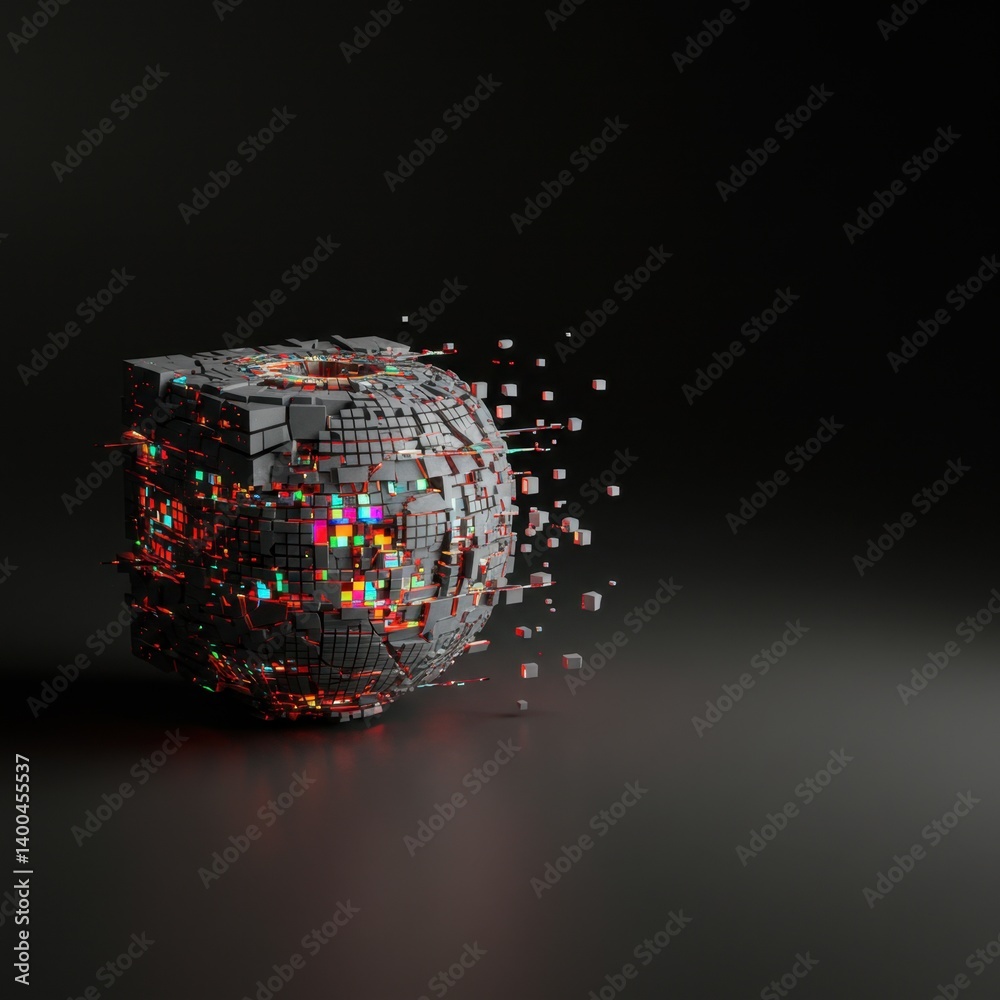 Poster abstract 3d render of a cube transforming into a glowing sphere with fractured surface and colorful 