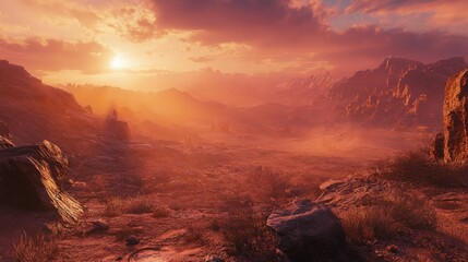 Fototapeta premium Majestic desert landscape at sunset with rocky hills and mountains under a dramatic sky with orange light and warm tones creating a sense of adventure