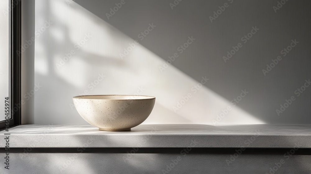 Poster ceramic bowl on a minimalist window sill bathed in afternoon light, highlighting its smooth surface 
