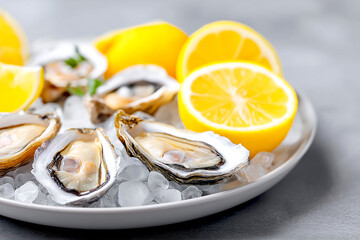 Delicious oysters on crushed ice with fresh lemon wedges ready to be enjoyed at a seafood feast. clean plate filled with fresh oysters on a bed of crushed ice, accompanied by bright lemon wedges