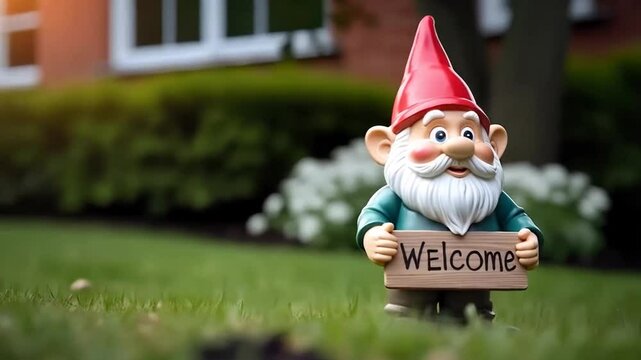A garden gnome with a welcome sign stands in the garden of a new house home or property