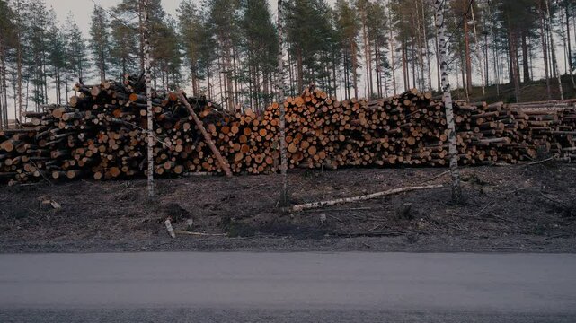 Pile of logs on a carved devastated edge. Handheld pan shot