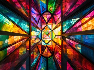 Looking down a long corridor or space defined by vibrant, angular stained glass walls that create a kaleidoscopic effect with colorful light and reflections.