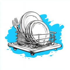 Clean Dishes in Metal Drying Rack Sketch Illustration