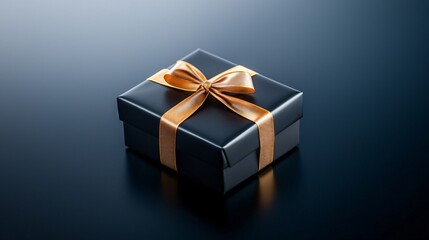 Black gift box with a shiny gold ribbon and bow on a dark reflective surface.