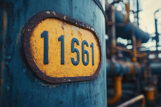 Close-up of number engraved on rusty metal lock, background of weathered wood textures.