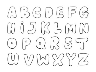 Hand Drawn Alphabet Playful Bubble Style. A collection of 26 hand drawn uppercase letters featuring rounded chunky outlines perfect for children’s design and casual typography