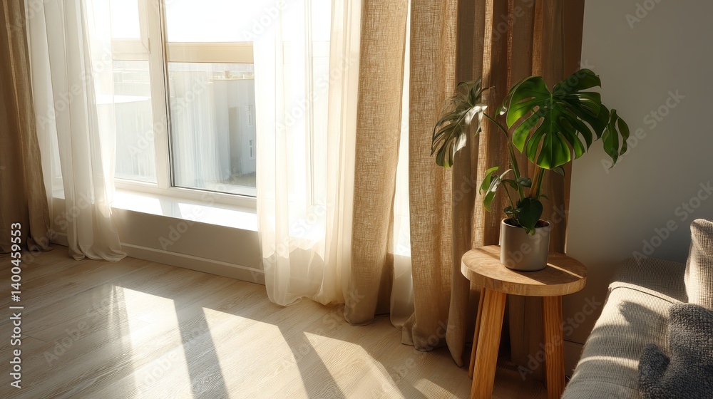 Fototapete Natural light filters through sheer curtains in a Scandinavian-style reading nook featuring a teak side table with a single monstera plant, inviting calm and comfort