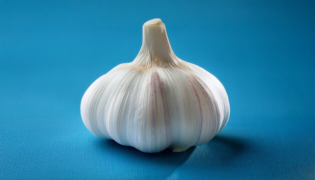 a close up of a garlic bulb on a blue surface