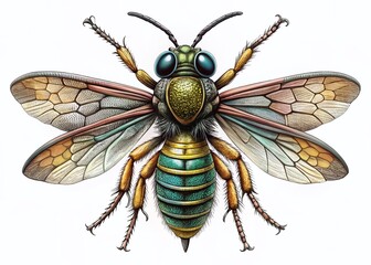 Obraz premium Intricate Sawfly Sketch Engraving: Architectural Detail on White