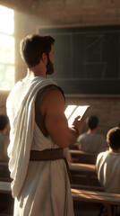 A Roman teacher in a schoolroom, writing lessons on a chalkboard while students sit on wooden benches.

