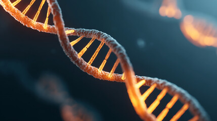 A detailed close up of a glowing orange dna double helix structure against a dark blue background