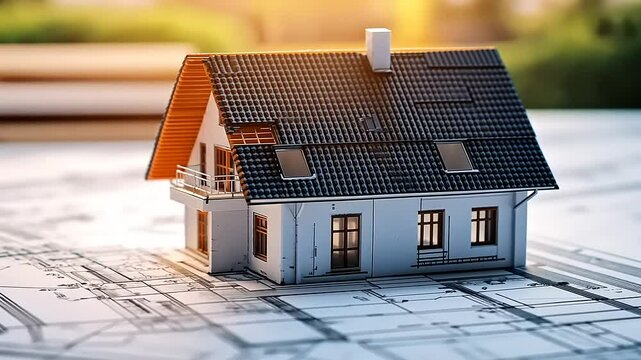 Miniature house model with dark roofing and light siding, rests on blueprint, bathed in soft sunlight