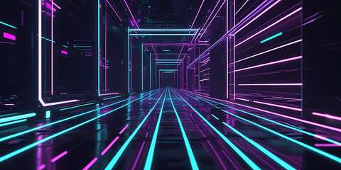 Futuristic Corridor Illuminated by Vibrant Pink and Blue Neon Lights Creating Dynamic