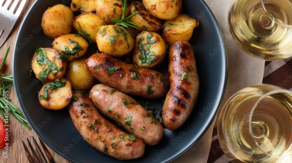 Poster grilled sausages with golden marks are accompanied by roasted potatoes and garnished with herbs, set