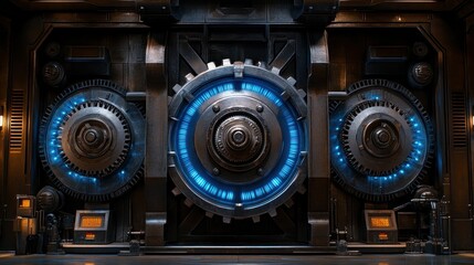 Futuristic, industrial vault door with glowing blue accents