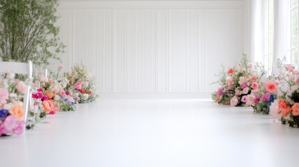 Fototapeta premium Elegant floral ceremony space. Fresh flowers decorate the aisle of a pristine white room