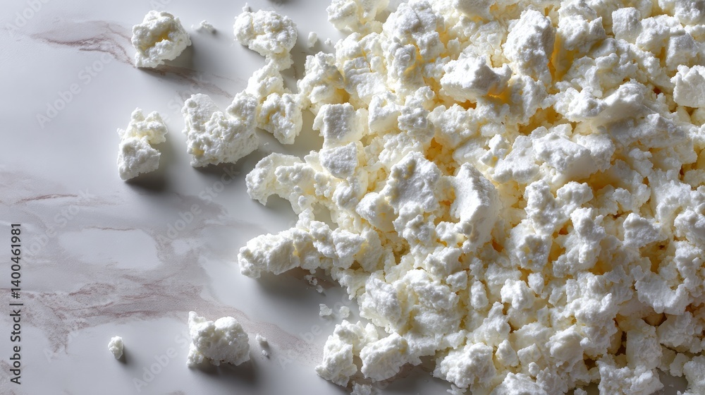 Poster crumbled feta cheese is displayed on a marble surface, highlighting its textured appearance and brin