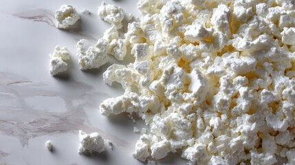 Crumbled feta cheese is displayed on a marble surface, highlighting its textured appearance and brine droplets, with a clean composition offering ample copy space