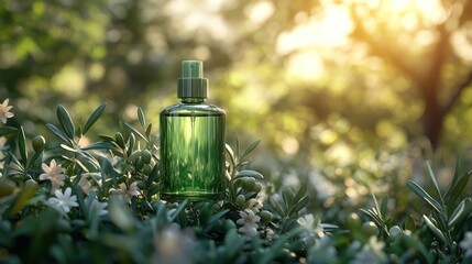 Green bottle in forest natural product