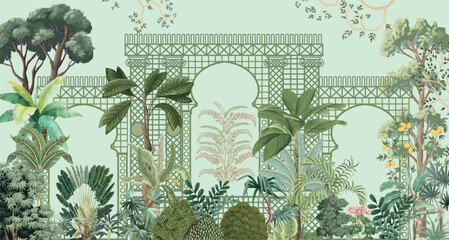 Mughal garden with plants tree palace illustration pattern for wallpaper, Mughal Mural background Design, Watercolor, Tropical Plant. © Sharif