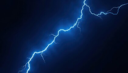 Abstract blue electric lightning bolt, stark black background, current, bright, graphic