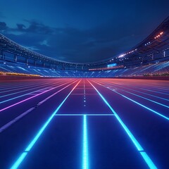 Futuristic stadium track at night. Illuminated running lanes, glowing lines, and stadium in the background