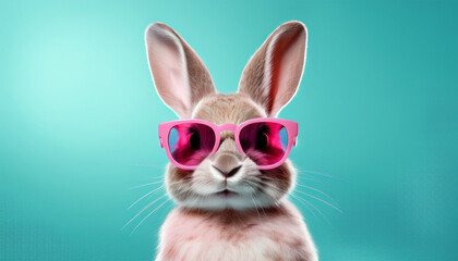 cute rabbit wearing stylish pink sunglasses against turquoise background fashionable banner with place for text conveying vibe of creativity and fun for advertising and social media