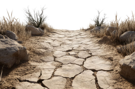 Cracked earth pathway under dry grass evokes desolation remote, rugged terrain displaying impact of climate change feels barren and arid