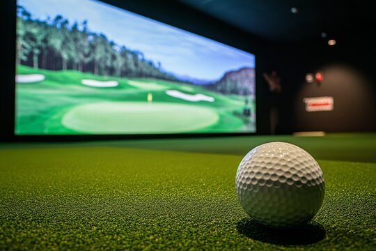 Golf simulator room, golf ball on putting surface - Powered by Adobe
