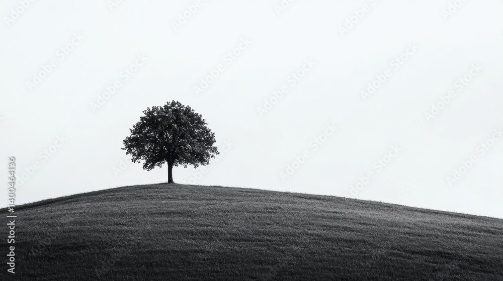 Poster lone tree silhouette on a hill in black and white captures the essence of a minimalistic nature comp