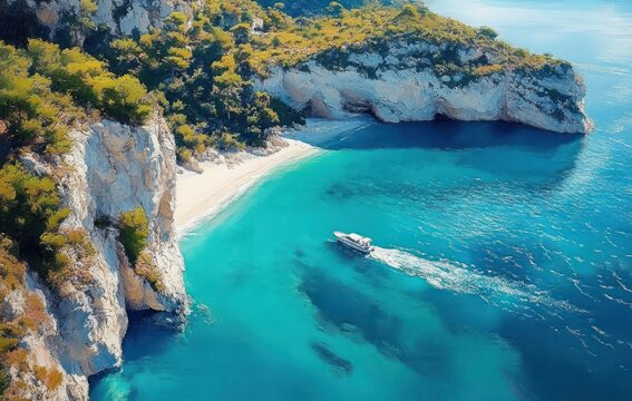 Coastal Landscape of Puglia with Boat and Turquoise Waters in Gargano National Park
