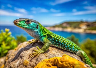 Fototapeta premium Ibiza Lizard: Vibrant Turquoise Sargantana on Formentera Rock