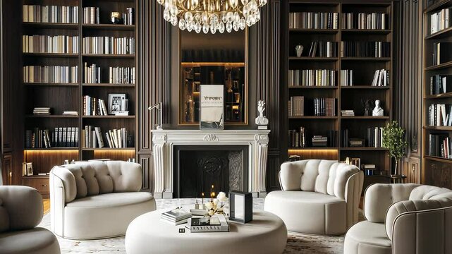 Elegant interior design in a luxurious library setting with modern furniture and sophisticated decor