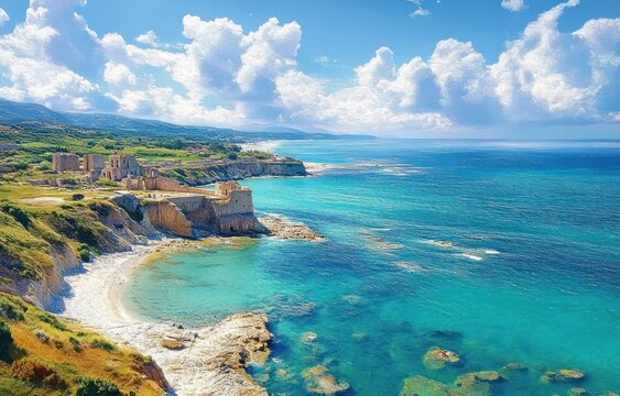 Coastal Village Briatico in Calabria with Turquoise Sea and Old Saracen Tower Aerial View