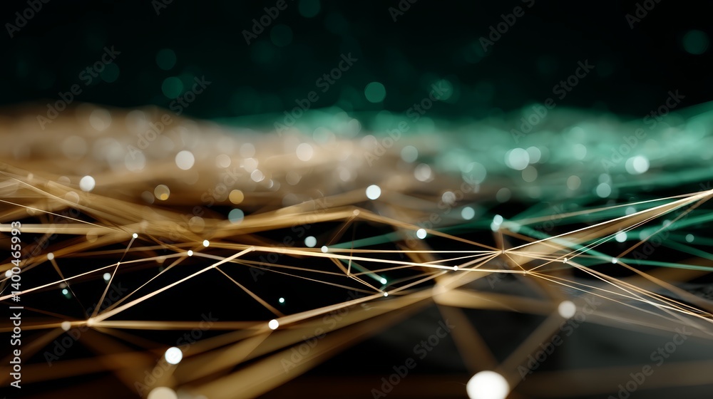 Aufkleber A complex web of golden threads interlinks bright green nodes, all set against a warm amber gradient, creating a visually striking tech-inspired composition