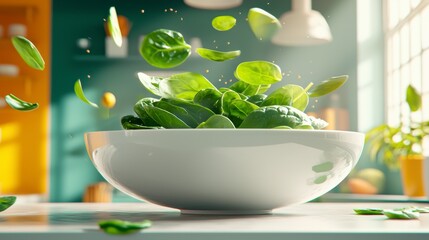 Tossing fresh spinach salad kitchen food photography bright environment close-up view healthy eating concept