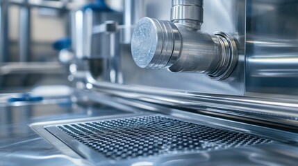 Close-up of stainless steel industrial equipment with pipes and valves in a food processing or pharmaceutical plant.