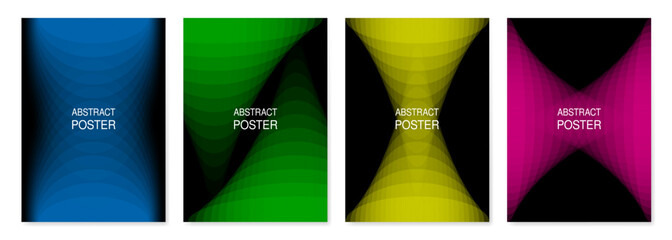 Set of abstract posters. Black backgrounds with green, blue, yellow and pink fading transition. Gradient pattern with cone shapes