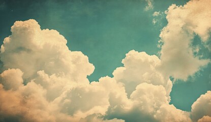 Cloudy sky, vintage filter. Fluffy cumulus clouds against a teal-toned sky