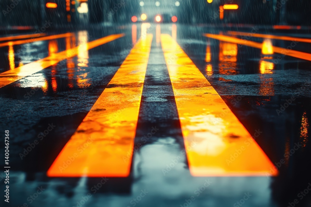 Aufkleber puddles reflecting clouds and sunlight on a wet surface after rain at sunset in an urban environment