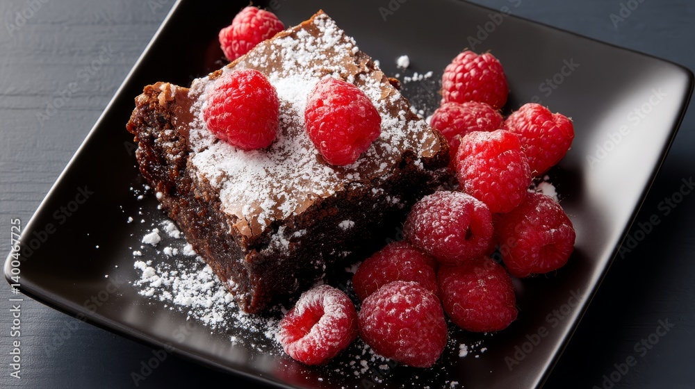 Poster a moist brownie square is presented on a sleek black plate, garnished with fresh raspberries and a d